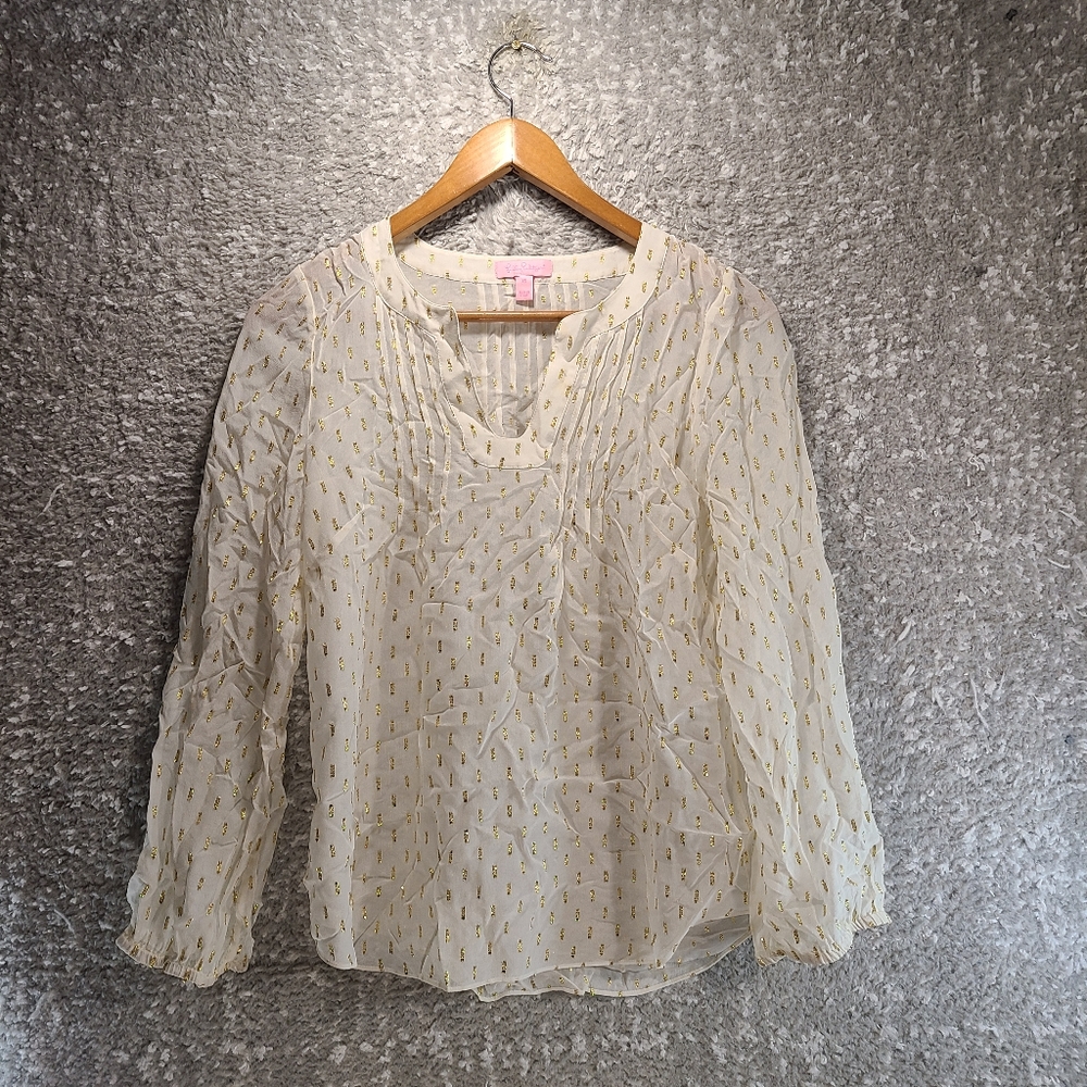Lilly Pulitzer Colby Pintuck‎ Top Resort Cream Metallic Gold Spring Sz XS Sheer